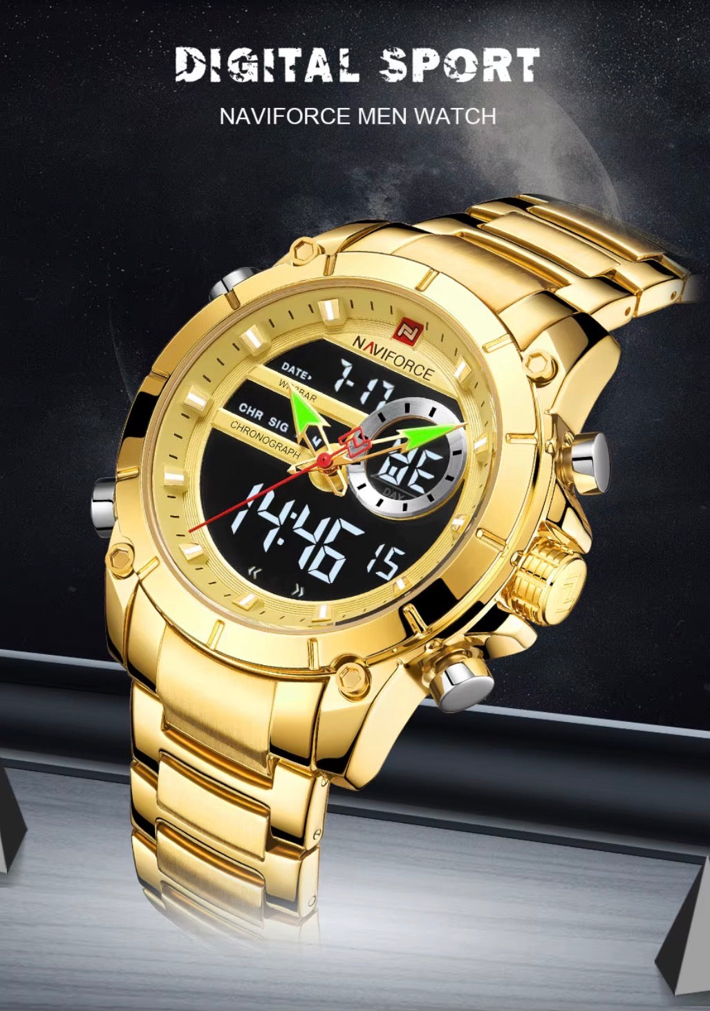 9163 Luxury Original Sport Wrist Watch for Men Quartz Steel Waterproof Dual Display Military Watches Relogio Masculino