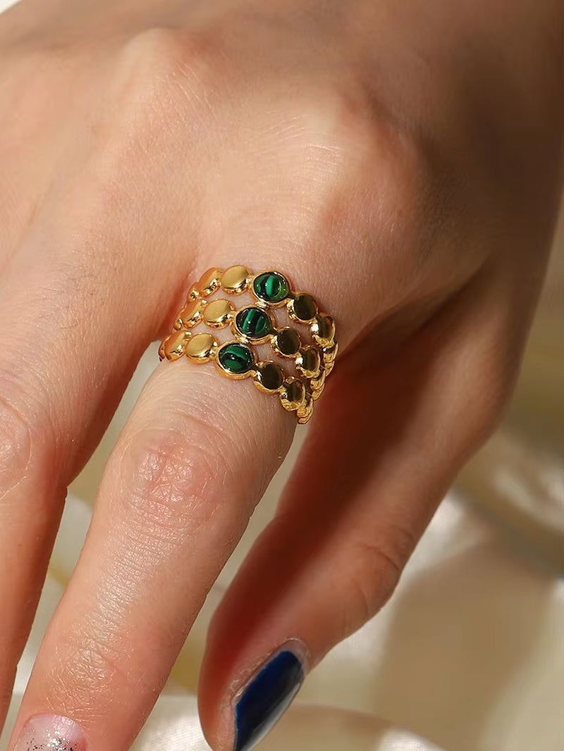 Uworld Vintage 18K Gold Malachite Statement Open Ring Waterproof 18K PVD Gold Plated Stainless Steel Bague Femme Acier Inoxydabl